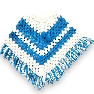 Hand Crocheted Blue/White Poncho w/Drawstring Pom-Pom & Fringe Machine Wash